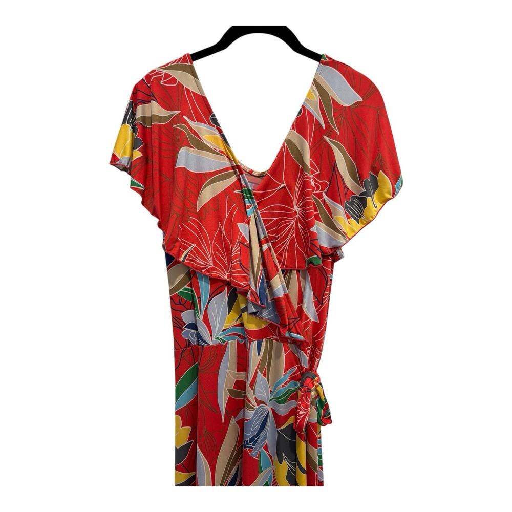 Janette Plus Dress Womens 3X Faux Wrap Maxi Orange Floral Ruffle Vneck‎ Tropical - Picture 3 of 9